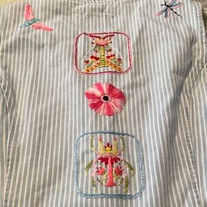 Hand Embroidered Chambray Striped Vest with Floral and Insect Designs